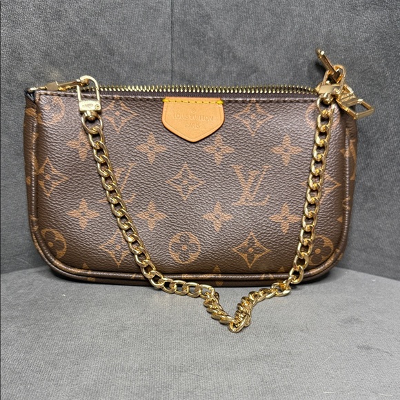 Designer Brown Monogram Wristlet with Gold Chain - Picture 1 of 8
